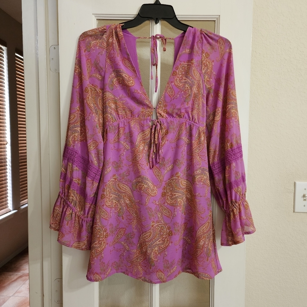 Urban Outfitters Paisley Boho Mini Dress Tunic Bell Sleeve Tie Back Small